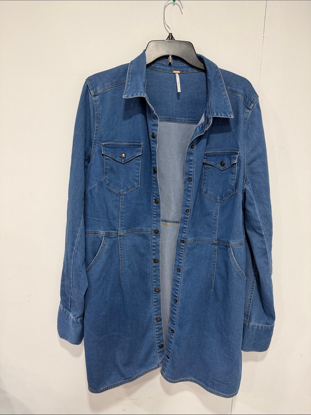 Free People Dynomite Denim Mini Shirt Dress Size: LARGE - Picture 2 of 10